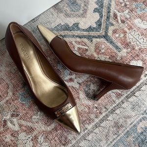 Coach brown leather heels with gold toe !